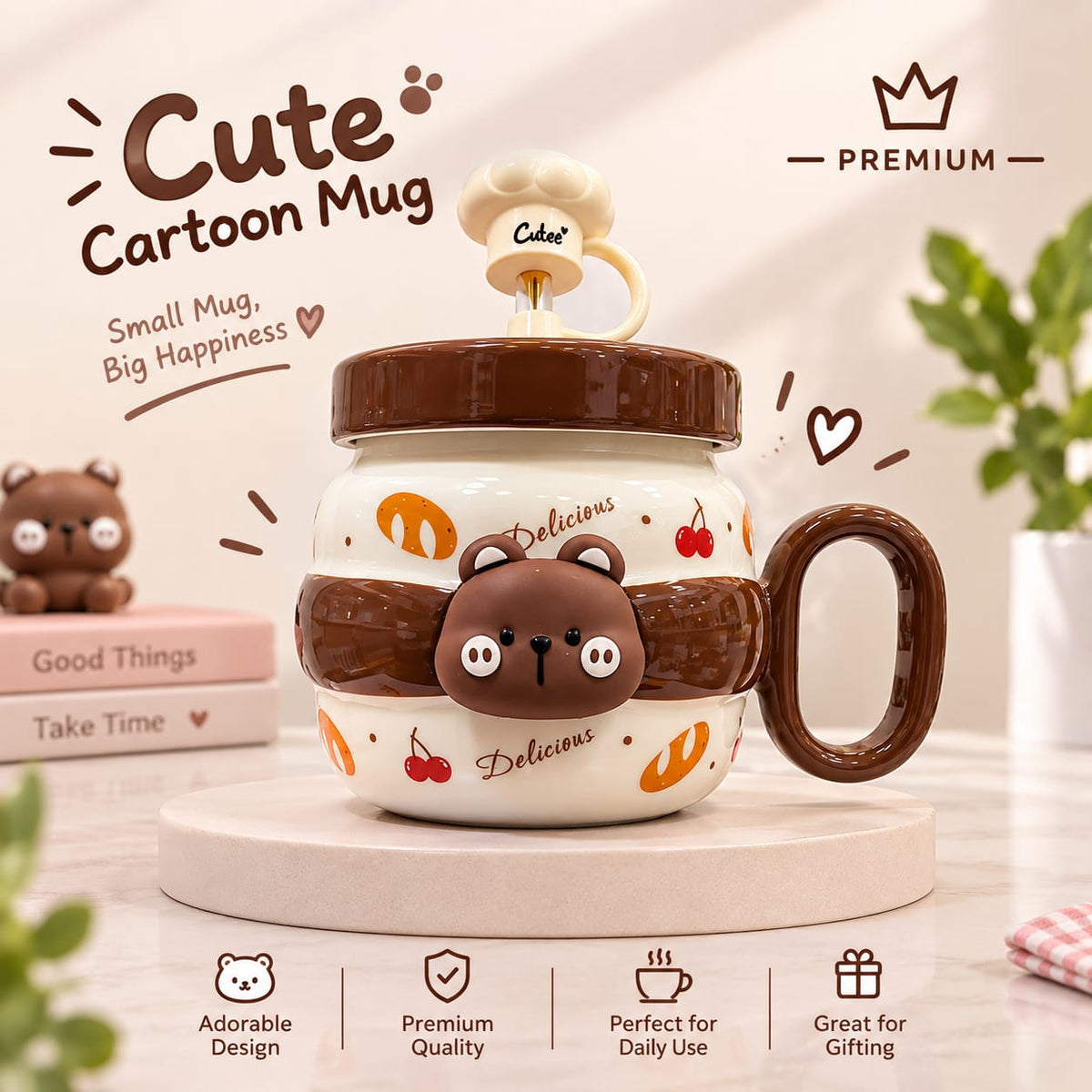 Ceramics Cartoon Mug With Glass Straw